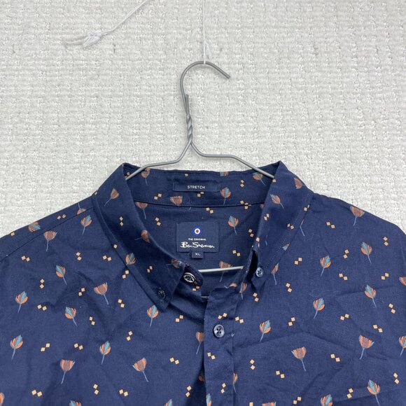 Ben Sherman Men’s XL Stretch Floral AOP Button Up Shirt Long Sleeve Dark Blue - Picture 2 of 13